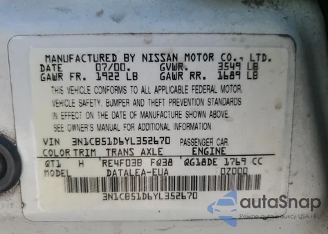 2000 Nissan Sentra Base z USA, uszkodzony, nr VIN 3N1CB51D6YL352670